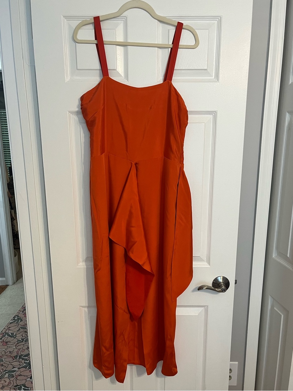 La Ligne Silk- Blend Burnt Orange Midi Dress with Draped Front